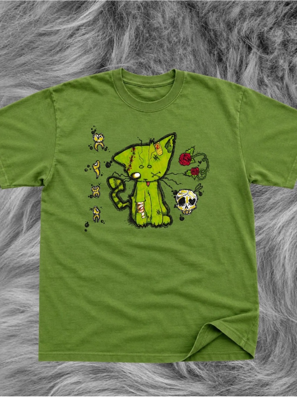 Gildan Olive Green Cat Graphic Short Sleeve Tee